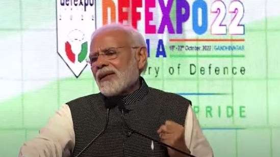 Prime Minister Narendra Modi on Wednesday inaugurated India's "biggest ever" defence exhibition, DefExpo 2022 in Gandhinagar, Gujarat with an aim to give impetus to the defence sector.(PTI)