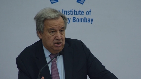 UN Secretary General Antonio Guterres speaks to students at IIT Bombay on Wednesday.&nbsp;(Praful Gangurde / HT Photo)