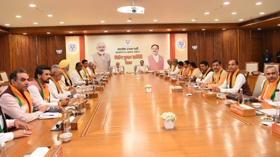 Prime Minister Narendra Modi and BJP chief JP Nadda at the party's central election committee meeting.
