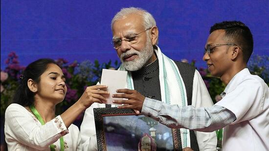 Prime Minister Narendra Modi at the launch of Mission Schools of Excellence at Trimandir in Adalaj on Wednesday. (ANI) Prime Minister Narendra Modi at the launch of Mission Schools of Excellence at Trimandir in Adalaj on Wednesday. (ANI)