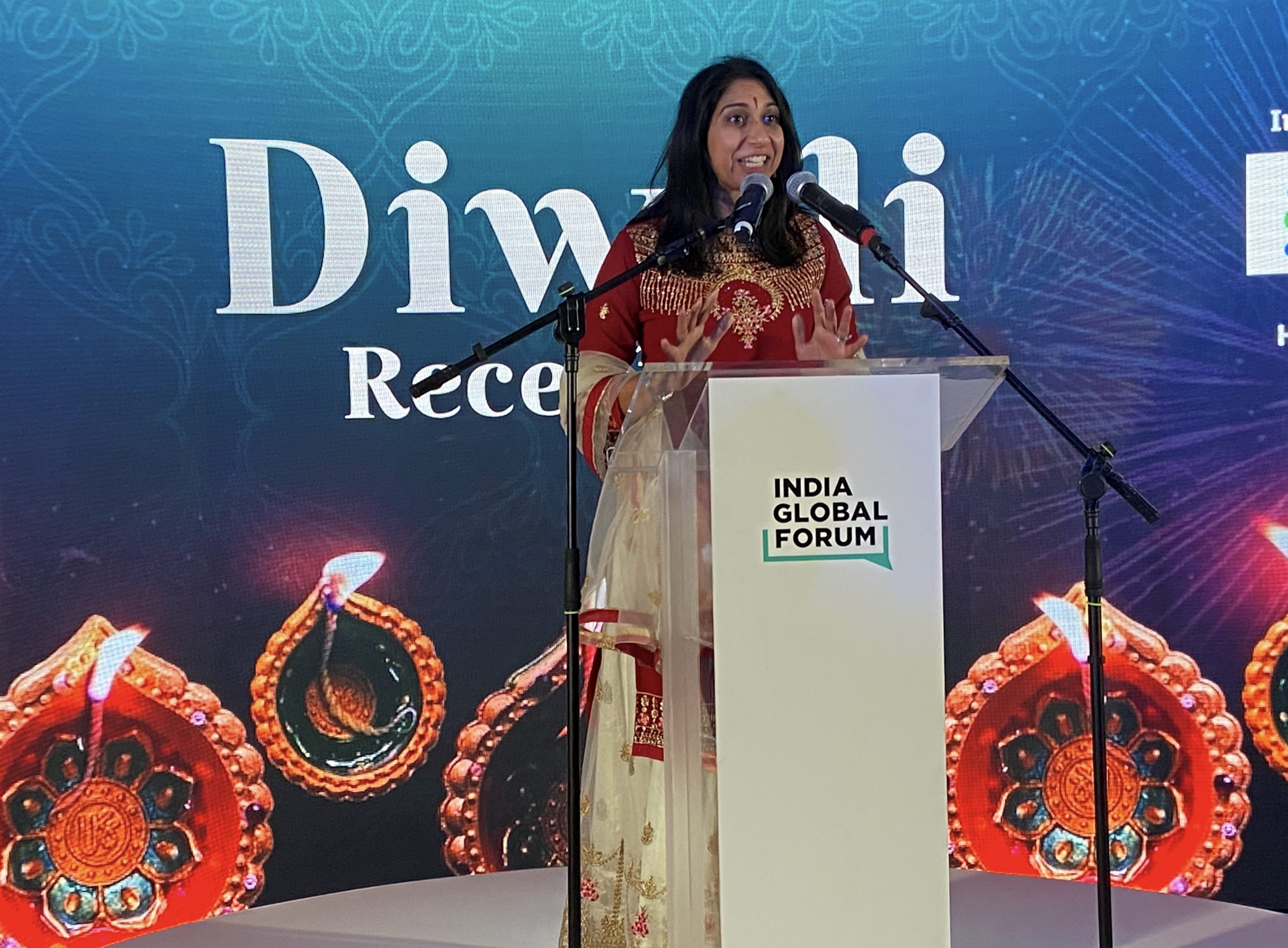 UK Home Secretary Suella Braverman addresses a Diwali reception in London. (PTI) UK Home Secretary Suella Braverman addresses a Diwali reception in London. (PTI)