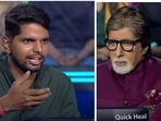 Amitabh Bachchan and Suraj Das's still from an upcoming episode of Kaun Banega Crorepati 14. Amitabh Bachchan and Suraj Das's still from an upcoming episode of Kaun Banega Crorepati 14.