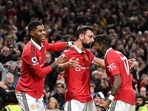 Manchester United's Portuguese midfielder Bruno Fernandes celebrates with teammates after scoring his team second goal during the English Premier League football match between Manchester United and Tottenham Hotspur at Old Trafford Manchester United's Portuguese midfielder Bruno Fernandes celebrates with teammates after scoring his team second goal during the English Premier League football match between Manchester United and Tottenham Hotspur at Old Trafford
