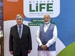 Prime Minister Narendra Modi with United Nation secretary-general Antonio Guterres at the global launch of Mission LiFE, in Kevadia, Gujarat.(PTI) Prime Minister Narendra Modi with United Nation secretary-general Antonio Guterres at the global launch of Mission LiFE, in Kevadia, Gujarat.(PTI)