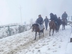 Gulmarg: Tourists use horses for travelling through a snow-covered area during season's first snowfall at Gulmarg in Baramulla district of North Kashmir, Thursday, Oct. 20, 2022. Snowfall in higher reaches of Kashmir, including popular tourist destinations like Gulmarg and Sonamarg, and rains in plains brought wintry conditions earlier than usual in the valley. (PTI Photo/S. Irfan) Gulmarg: Tourists use horses for travelling through a snow-covered area during season's first snowfall at Gulmarg in Baramulla district of North Kashmir, Thursday, Oct. 20, 2022. Snowfall in higher reaches of Kashmir, including popular tourist destinations like Gulmarg and Sonamarg, and rains in plains brought wintry conditions earlier than usual in the valley. (PTI Photo/S. Irfan)