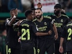 LaLiga - Elche v Real Madrid - Estadio Manuel Martinez Valero, Elche, Spain - October 19, 2022 Real Madrid's Karim Benzema celebrates scoring their second goal with teammates