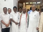 Rajasthan chief minister Ashok Gehlot with Congress president Mallikarjun Kharge, General Secretary KC Venugopal, and Rajasthan chief whip Mahesh Joshi (Right to Left).(@ashokgehlot51) Rajasthan chief minister Ashok Gehlot with Congress president Mallikarjun Kharge, General Secretary KC Venugopal, and Rajasthan chief whip Mahesh Joshi (Right to Left).(@ashokgehlot51)
