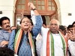 Newly elected Congress president Mallikarjun Kharge and fellow president post candidate Shashi Tharoor during a media interaction at the former’s residence in Rajaji Marg, New Delhi, on Wednesday, October 19, 2022. (Photo by Sanjeev Verma, Hindustan Times)