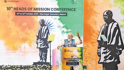 Prime Minister Narendra Modi interacts with heads of Indian missions at a conference in Kevadia on Thursday. (PTI)