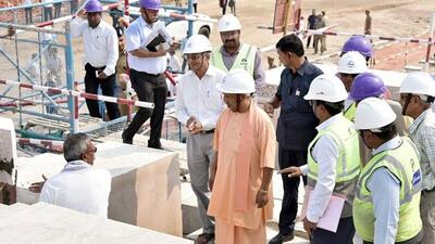 Uttar Pradesh chief minister Yogi Adityanath inspecting Ram temple construction in Ayodhya. (ANI PHOTO)