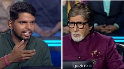 Amitabh Bachchan and Suraj Das's still from an upcoming episode of Kaun Banega Crorepati 14. Amitabh Bachchan and Suraj Das's still from an upcoming episode of Kaun Banega Crorepati 14.