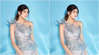 Sanjana played muse to fashion designer Amit Aggarwal and picked a metallic gown from the shelves of the designer. (Instagram/@sanjanasanghi96) Sanjana played muse to fashion designer Amit Aggarwal and picked a metallic gown from the shelves of the designer. (Instagram/@sanjanasanghi96)