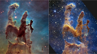 NASA's Hubble Telescope revisited the dust of clouds in 2014 for a clearer view (on the left) whilea new near-infrared-light view from James Webb at right shows further detailing in the star forming region. (NASA) NASA's Hubble Telescope revisited the dust of clouds in 2014 for a clearer view (on the left) whilea new near-infrared-light view from James Webb at right shows further detailing in the star forming region. (NASA)