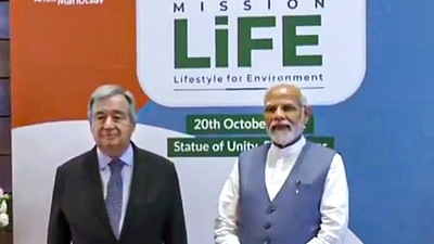 Prime Minister Narendra Modi with United Nation secretary-general Antonio Guterres at the global launch of Mission LiFE, in Kevadia, Gujarat. (PTI)