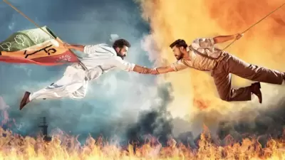 Jr NTR and Ram Charan in a still from SS Rajamouli's RRR. Jr NTR and Ram Charan in a still from SS Rajamouli's RRR.