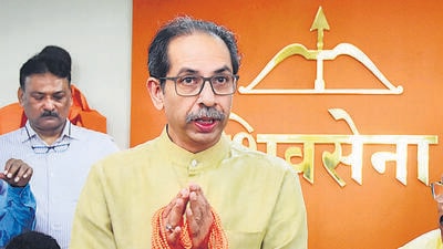 Mumbai, Oct 20 (ANI): Shiv Sena (Uddhav Balasaheb Thackeray) chief Uddhav Thackeray speaks at the party joining ceremony of former Bharatiya Janata Party (BJP) MLA Sanjay Deshmukh, at Shiv Sena Bhavan, Dadar, in Mumbai on Thursday. (ANI Photo) (Sandeep Mahankal) Mumbai, Oct 20 (ANI): Shiv Sena (Uddhav Balasaheb Thackeray) chief Uddhav Thackeray speaks at the party joining ceremony of former Bharatiya Janata Party (BJP) MLA Sanjay Deshmukh, at Shiv Sena Bhavan, Dadar, in Mumbai on Thursday. (ANI Photo) (Sandeep Mahankal)