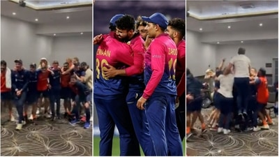 Netherlands players celebrate after UAE's win over Namibia (Twitter)