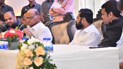 Sharad Pawar, Eknath Shinde, Devendra Fadnavis shared the stage on Wednesday a day before the Mumbai Cricket Association election. Sharad Pawar, Eknath Shinde, Devendra Fadnavis shared the stage on Wednesday a day before the Mumbai Cricket Association election.