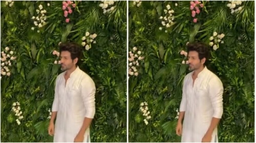 Kartik Aaryan posed in a white cotton kurta and pajamas. (HT Photos/Varinder Chawla)