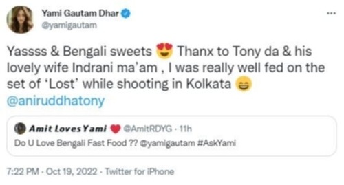 Yami also shared her love for Bengali food and sweets.