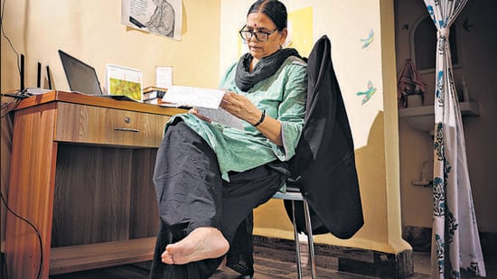 Sudha Bharadwaj at her residence in Mumbai. (Sachin Haralkar/HT photo)
