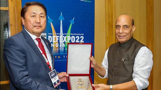 Defence minister Rajnath Singh with his Mongolian counterpart, Saikhanbayar Gursed, in Gandhinagar. (PTI)