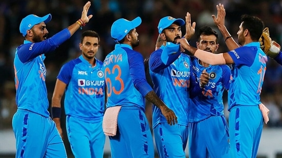 India's Bhuvneshwar Kumar celebrates with teammates(BCCI Twitter)