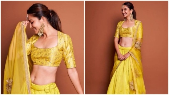 Kriti Kharbanda casts a spell on her fans in this gorgeous yellow lehenga set paired with statement jewellery.(Instagram/@kriti.kharbanda)
