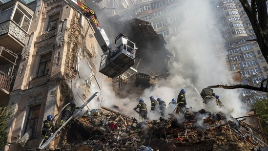 Russia-Ukraine War: Firefighters work after a drone attack on buildings in Kyiv, Ukraine.(AP)