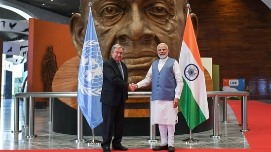 Prime Minister Narendra Modi with United Nation Secretary-General Antonio Guterres at the Statue of Unity, in Kevadia, Thursday.(PTI)