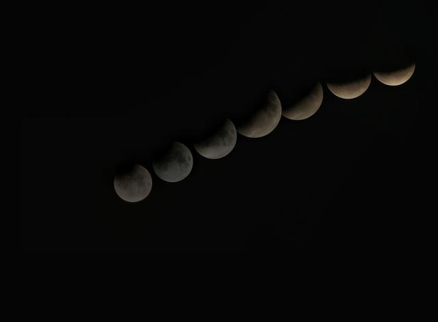 A composite image of a partial lunar eclipse, in Jaipur, Rajasthan on July 17, 2019. “Parashar mentions that his teachers observed a series of seven lunar eclipses separated by six-monthly intervals (now known to be a very rare occurrence). ” (Himanshu Vyas/Hindustan Times)