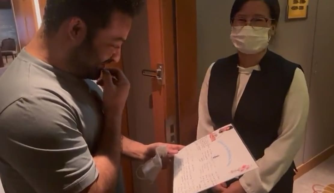 Jr NTR with a hotel staff in Japan, who wrote him a letter in Hindi. Jr NTR with a hotel staff in Japan, who wrote him a letter in Hindi. 