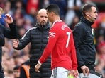 Cristiano Ronaldo with manager Erik ten Hag after he was substituted 