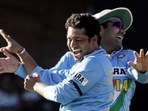 Sachin Tendulkar and Virender Sehwag celebrating a wicket. Sachin Tendulkar and Virender Sehwag celebrating a wicket.