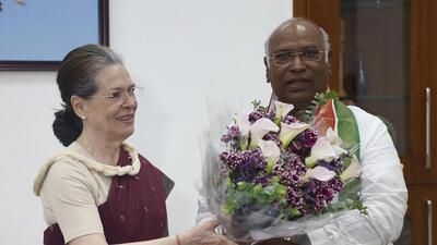 Congress interim president Sonia Gandhi greets newly elected president Mallikarjun Kharge in New Delhi after his election. (AP File) Congress interim president Sonia Gandhi greets newly elected president Mallikarjun Kharge in New Delhi after his election. (AP File)