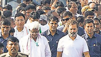 **EDS: IMAGE VIA AICC** Raichur: Congress leader Rahul Gandhi with supporters during the party's Bharat Jodo Yatra, in Raichur district, Friday, Oct. 21, 2022. (PTI Photo)(PTI10_21_2022_000305B) (PTI) **EDS: IMAGE VIA AICC** Raichur: Congress leader Rahul Gandhi with supporters during the party's Bharat Jodo Yatra, in Raichur district, Friday, Oct. 21, 2022. (PTI Photo)(PTI10_21_2022_000305B) (PTI)