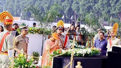 Uttar Pradesh chief minister Yogi Adityanath pays tribute to police personnel who were killed in the line of duty, on the occasion of Police Commemoration Day in Lucknow on Friday. (ANI PHOTO) Uttar Pradesh chief minister Yogi Adityanath pays tribute to police personnel who were killed in the line of duty, on the occasion of Police Commemoration Day in Lucknow on Friday. (ANI PHOTO)