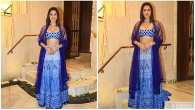 Nushrratt Bharuccha looked stunning in a blue contemporary embellished lehenga set. (HT Photo/Naziyah Khan) Nushrratt Bharuccha looked stunning in a blue contemporary embellished lehenga set. (HT Photo/Naziyah Khan)