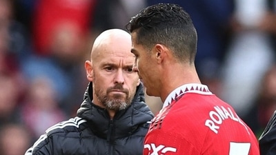 Cristiano Ronaldo with manager Erik ten Hag after he was substituted (REUTERS)