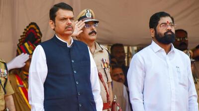Maharashtra chief minister Eknath Shinde with deputy chief minister Devendra Fadnavis during Police Commemoration Day, at police headquarters in Mumbai on Friday (PTI) Maharashtra chief minister Eknath Shinde with deputy chief minister Devendra Fadnavis during Police Commemoration Day, at police headquarters in Mumbai on Friday (PTI)