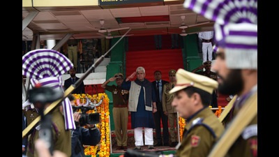Jammu and Kashmir Lieutenant Governor Manoj Sinha during a ceremony to mark the Police Commemoration Day at the Police Training Centre in Zewan on Friday. (Waseem Andrabi/HT) Jammu and Kashmir Lieutenant Governor Manoj Sinha during a ceremony to mark the Police Commemoration Day at the Police Training Centre in Zewan on Friday. (Waseem Andrabi/HT)