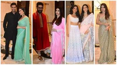 Vicky Kaushal, Katrina Kaif, Abhishek Bachchan, Aishwarya Rai, Radhika Merchant and Shloka Mehta and Rhea Chakraborty at Manish Malhotra's bash. (Varinder Chawla)
