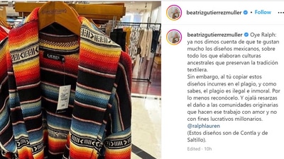 Screengrab of the post shared by Mexican leader Beatriz Gutierrez on Instagram accusing Ralph Lauren of copying indigenous Mexican designs. (beatrizgutierrezmuller/ Instagram)
