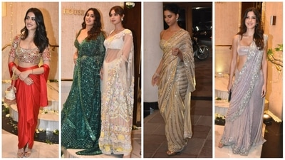 Navya Naveli Nanda, Janhvi Kapoor, Khushi Kapoor, Suhana Khan and Shanaya Kapoor at Manish Malhotra's Diwali bash. (Varinder Chawla) Navya Naveli Nanda, Janhvi Kapoor, Khushi Kapoor, Suhana Khan and Shanaya Kapoor at Manish Malhotra's Diwali bash. (Varinder Chawla)