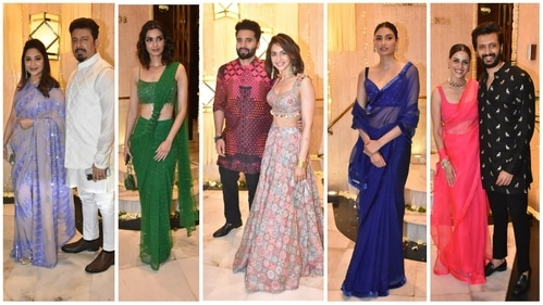 Madhuri Dixit and Dr Shriram Nene, Diana Penty, Jackky Bhagnani, Athiya Shetty, Genelia and Riteish Deshmukh at Manish Malhotra's Diwali bash. (Varinder Chawla)