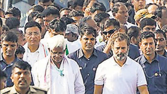 **EDS: IMAGE VIA AICC** Raichur: Congress leader Rahul Gandhi with supporters during the party's Bharat Jodo Yatra, in Raichur district, Friday, Oct. 21, 2022. (PTI Photo)(PTI10_21_2022_000305B) (PTI)