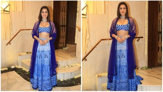 Nushrratt Bharuccha looked stunning in a blue contemporary embellished lehenga set.(HT Photo/Naziyah Khan)