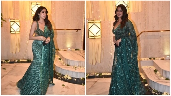 Janhvi Kapoor made jaws drop in an embellished green Manish Malhotra lehenga set.(HT Photo/Naziyah Khan)