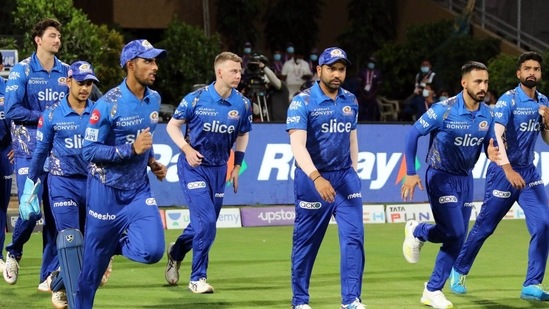 Mumbai Indians in action against Rajasthan Royals in IPL 2022 game(IPLt20.com) Mumbai Indians in action against Rajasthan Royals in IPL 2022 game(IPLt20.com)