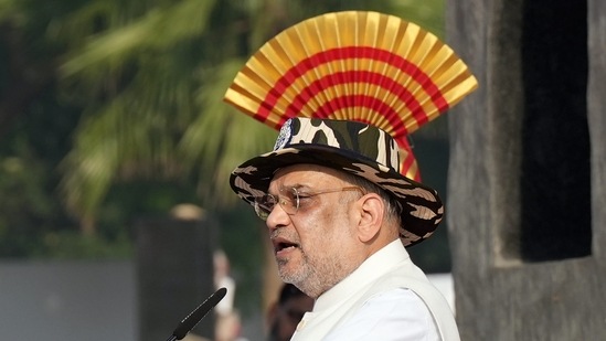 Home minister Amit Shah addressess at the National Police Memorial on Friday.(PTI)